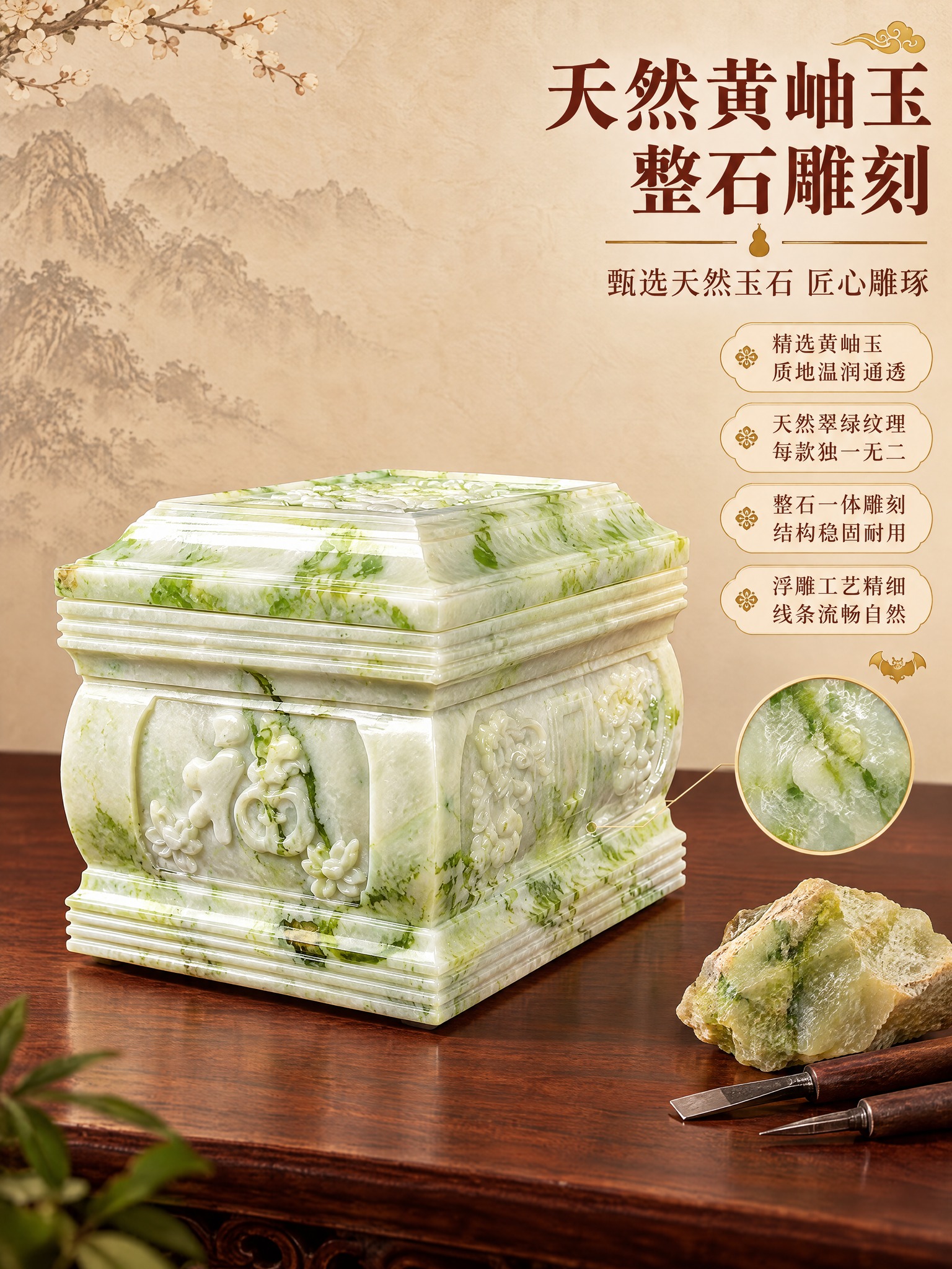 [商品] 使用【图2】代代平安黄岫玉骨灰盒斜侧角度；保留黄岫玉… - 图片创意预览