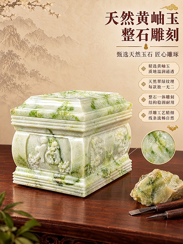 [商品] 使用【图2】代代平安黄岫玉骨灰盒斜侧角度；保留黄岫玉青白底色带翠绿天然纹理、侧面福字雕刻与莲花装饰、多层线脚盖沿、底部基座造型、弧边侧面造型；商品处理：增强黄岫玉天然玉石的温润通透质感，翠绿纹理更自然流动，福字雕刻更清晰立体，不改变产品结构。
[画面] 目标：材质工艺展示页，突出黄岫玉天然玉石品质与整石雕刻工艺。构图：产品斜侧45度角放置于画面中央偏左，占画面50%；右侧为材质说明文字和玉石纹理放大图；背景为深棕红色木质台面+浅米黄背景墙，旁边摆放一小块黄岫玉原石样本和雕刻工具示意，体现工艺感与玉石天然属性。
[视觉] 套系策略：风格=中式传统吉祥风商业摄影；标题字=宋体粗体（端庄大气）；正文字=简洁宋体；主色=岫玉青白+翠绿纹理；背景延展=基于暖棕红+米黄+深褐做深浅层级、同色渐变和玉石/木质/宣纸质感；强调色=暖金色，仅用于小面积图标、引线、标题点缀；标题色=深棕红；正文色=暖褐；组件=圆角米黄底信息卡、细金线引线、葫芦祥云蝙蝠装饰元素；光影=右前侧暖柔光，突出玉石立体感和纹理光泽，底部自然投影。
[文字] 右上方主标题"天然黄岫玉 整石雕刻"，副标题"甄选天然玉石 匠心雕琢"，下方4个工艺卖点："精选黄岫玉 质地温润通透""天然翠绿纹理 每款独一无二""整石一体雕刻 结构稳固耐用""浮雕工艺精细 线条流畅自然"，文字区不遮挡产品主体。
[规格] 图片比例3:4竖版，分辨率2K，避免变形、错字、文字过小、冷蓝/冷灰背景、产品颜色改变、结构失真。