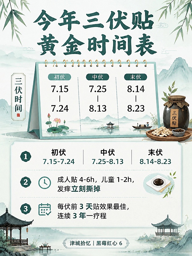 删除画面右下角的二维码占位方块及其中的"二维码占位"文字，将该区域替换为与周围背景一致的浅青国风山水亭子背景，保持整体画面风格统一，其余所有文字、日历插画、三条要点和落款"津城拾忆｜黑莓红心 6"完全保留不变，国风浅青中医科普插画风格，干净卡片排版，温和养生氛围感