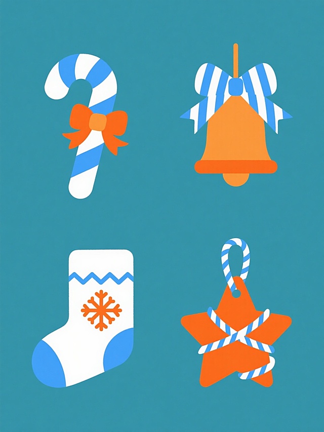 一组四个完全不同元素内容的系列素材集合，保持统一的扁平插画风格，规整排布在纯色背景上，每个元素均为简单几何形状构成的节日装饰物品，整体色彩变换为蓝白渐变与橙色点缀，元素类目为节日装饰，包括：第一个元素是蓝白螺旋纹拐杖糖系着橙色蝴蝶结，第二个元素是橙色铃铛挂着蓝白条纹缎带，第三个元素是蓝白相间的圣诞袜绣着橙色雪花图案，第四个元素是橙色星星形状挂饰缠绕蓝白螺旋绳，所有元素线条简洁流畅，色彩明快对比鲜明，图形边缘平滑无锯齿，整体设计具有节日氛围和装饰感，画面布局整齐对称，每个元素独立清晰且风格统一。