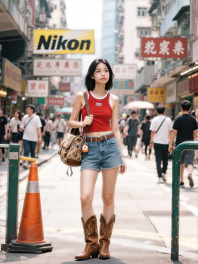 在香港热闹街头，青春女生穿红色无袖上衣、牛仔短裤，搭棕色中筒靴，挎复古包包，腰间挂小物件，背景是尼康等招牌、行人与路障，还原千禧风街头