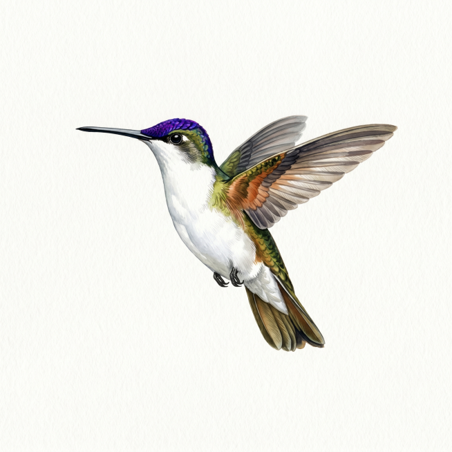 美式写实水彩风格，复古科普插画风格，主体为Violet-Violet-crowned Hummingbird（紫冠蜂鸟），品种特征明显，除鸟之外不出现其他任何元素，白色纯色背景预览效果