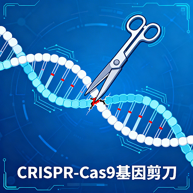 CRISPR-Cas9基因编辑技术，展示DNA分子被基因剪刀精准剪切的示意图，现代生物科技风格，蓝色科技感背景