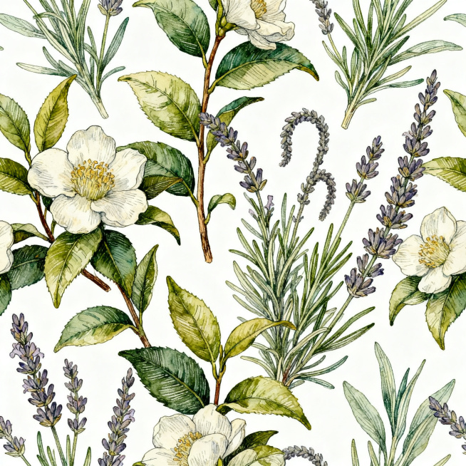 清新自然风的白茶与鼠尾草组合植物插画，画面中包含完整的白茶枝叶和花朵，搭配鼠尾草花穗，整体色调柔和淡雅，手绘插画风格预览效果