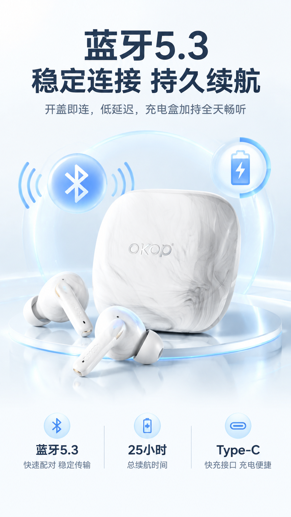 电商详情页第6屏（蓝牙+续航卖点）：OKOP 真无线蓝牙耳机… - 图片创意预览