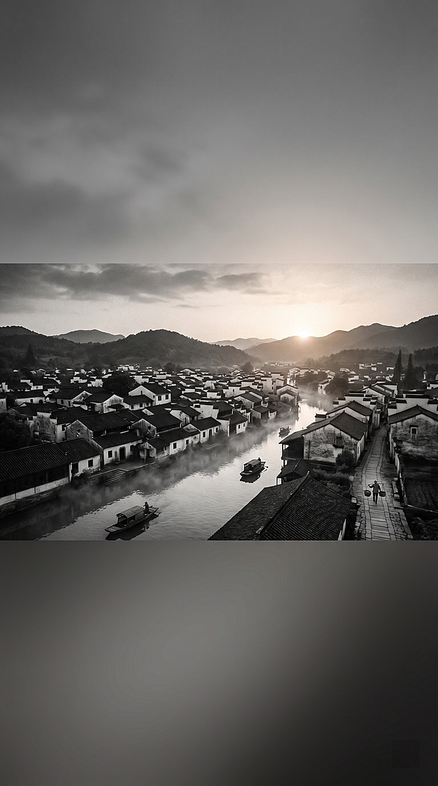 9:16竖屏，黑白渐变复古质感，民国江南乡村远景，落日余晖洒满村庄，静谧治愈，留白构图，极简高级，底部留空可叠加文字字幕，史诗纪实氛围感，铺垫人物传奇一生