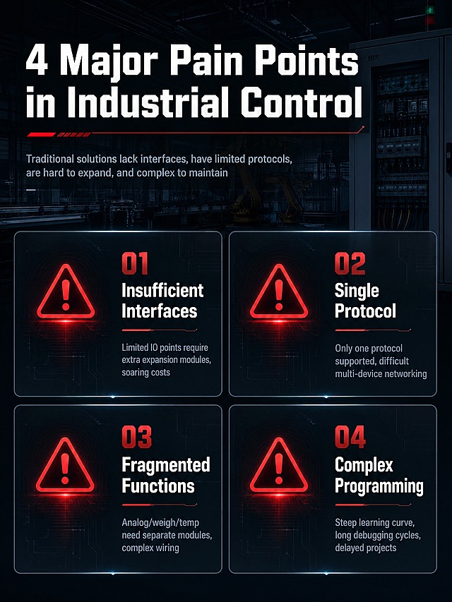 [商品] This is a pain point page, no product image used.
[画面] Page 2 · Pain Points, goal: reveal common challenges in industrial control scenarios. Top-bottom layout, large headline area on top, 4 pain point cards in 2x2 grid below. Background is dark industrial scene silhouette with factory assembly lines, control cabinets, complex wiring in dim tones, creating industrial environment atmosphere. Each pain point card uses dark semi-transparent background with red warning icon on left and pain point text on right.
[视觉] System strategy: style=dark tech industrial style commercial detail page; headline font=bold sans-serif industrial font; body font=clean sans-serif; primary color=deep space black + charcoal gray; background extension=gradient layers based on deep space black, dark industrial scene silhouettes; accent color=warning red + tech cyan blue; headline color=pure white; body color=light gray-blue; components=semi-transparent dark cards, thin dividers, warning icons; lighting=overall dark tone, card edges have subtle glow.
[文字] Top headline "4 Major Pain Points in Industrial Control", subtitle "Traditional solutions lack interfaces, have limited protocols, are hard to expand, and complex to maintain". 4 pain points: 1."Insufficient Interfaces""Limited IO points require extra expansion modules, soaring costs"；2."Single Protocol""Only one protocol supported, difficult multi-device networking"；3."Fragmented Functions""Analog/weigh/temp need separate modules, complex wiring"；4."Complex Programming""Steep learning curve, long debugging cycles, delayed projects". All text horizontally aligned.
[规格] Aspect ratio 3:4 vertical detail page, width 1200, height 1600, 4K, quality=medium. Avoid distortion, typos, tiny text, white background, cartoon style.
