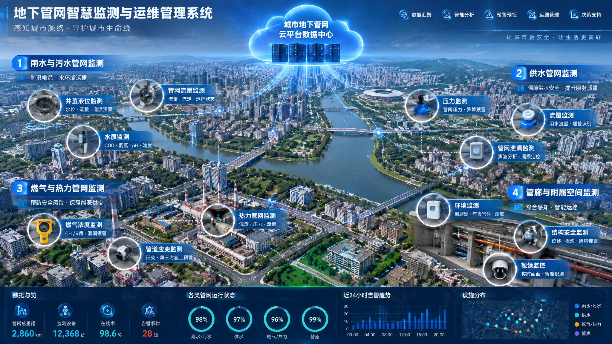 地下管网智慧监测与运维管理系统参考图，以城市实景航拍全景作为底… - 图片创意预览
