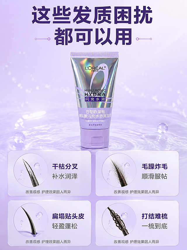[商品] 使用【图1】欧莱雅玻尿酸闪冲水养润发乳40ml；保留镭射银管身、紫色瓶盖、L'OREAL PARIS品牌Logo、产品名称文字、整体软管形状和比例；产品清晰化，不改变包装文字和颜色。
[画面] 第7张 适用发质匹配页。目标：帮助用户判断是否适合自己。上方产品居中，占画面约30%。下方4张圆角卡片2x2排列，每张卡片对应一种发质困扰，卡片上方有发丝状态小图，下方有文字说明。卡片分别对应：干枯分叉、毛躁炸毛、扁塌贴头皮、打结难梳。背景为淡紫色渐变。
[视觉] 套系策略：风格=拼多多大字直白+水润科技感商业摄影；标题字=无衬线粗体大字；正文字=简洁无衬线体；主色=淡紫色+银镭射；背景延展=基于淡紫色做深浅渐变、水润波纹、微光粒子质感；强调色=亮紫色，仅用于小面积图标、引线和标签；标题色=深紫色；正文色=深灰色；组件=圆角半透明浅紫信息卡、胶囊形icon、细线引线；光影=柔光，产品和卡片光影统一。
[文字] 顶部大标题：这些发质困扰 都可以用；4张卡片分别写：干枯分叉 补水润泽；毛躁炸毛 顺滑服帖；扁塌贴头皮 轻盈蓬松；打结难梳 一梳到底。卡片底部统一小字：改善观感 护理效果因人而异。全部横排，主标题最大最粗，卡片标题中等字号，说明文字稍小。
[规格] 图片比例3:4竖版，2K，避免变形、错字、文字过小、医疗承诺、根治表述、绝对化用语。