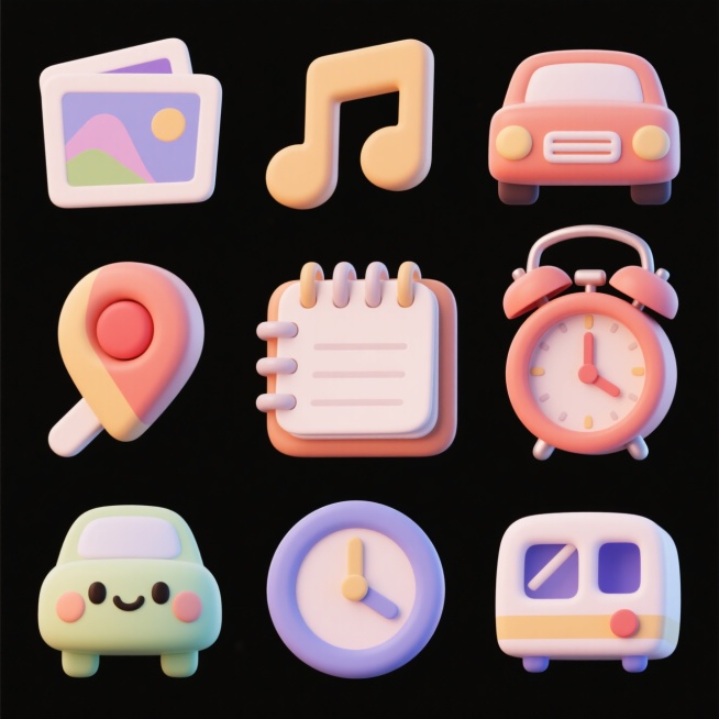 icon图标设计，图标顺序依次是：相册，音乐，购物，闹钟，记事本，地图，汽车，时钟，地铁，可爱卡通，3D，立体感，颜色统一预览效果