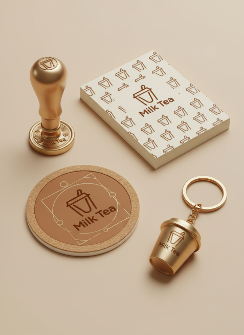 参考这个LOGO，做一套文创品牌视觉设计，品牌名称为“Milk Tea"，包括火漆章，便签纸砖，杯垫，钥匙扣，纸卡等。暖棕视觉主色调，现代、精致、亲切现代风格预览效果