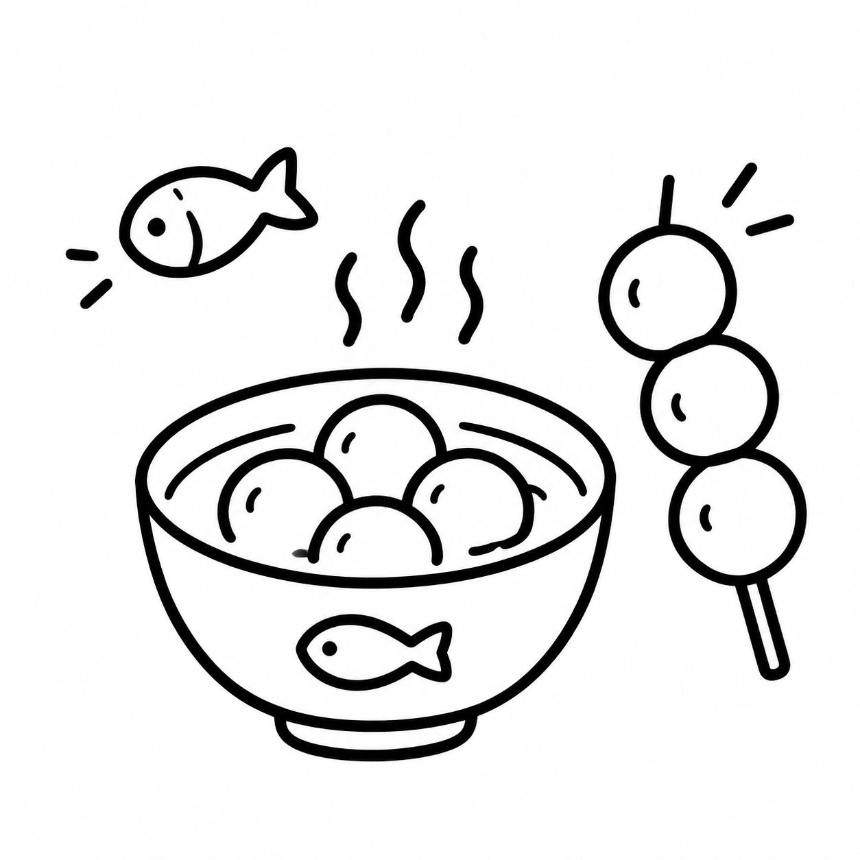 极简黑白简笔画风格，极简单线条，手打鱼丸的极简图标，一碗鱼丸，… - 图片创意预览