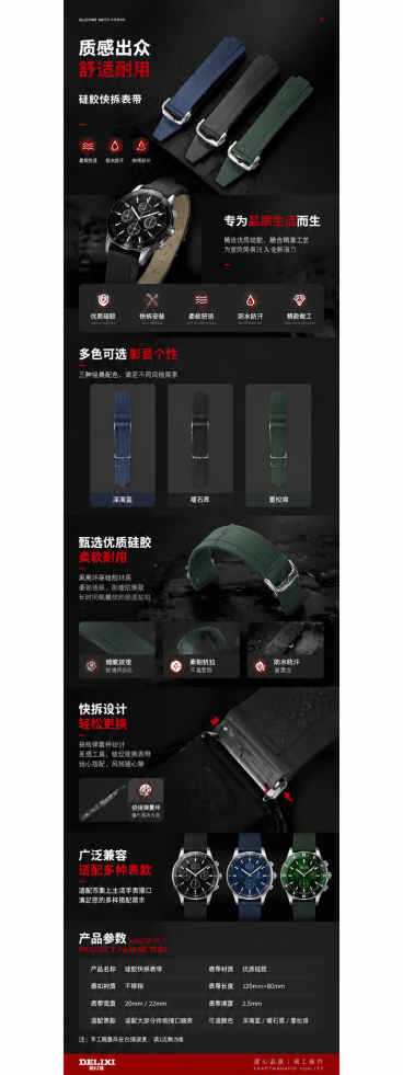 参考第一张图的电商详情页设计风格，重新设计第二张图中表带的电商详情页，采用红黑深色主色调，专业产品展示排版，增加产品卖点信息，整体高端商务风格预览效果