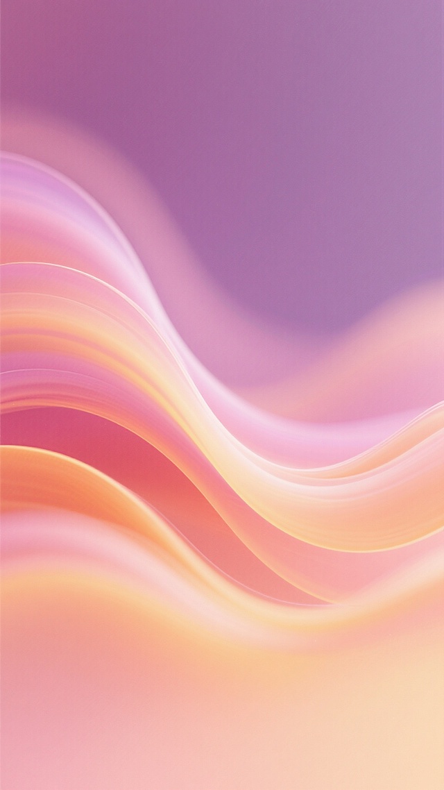 弥散风格背景，柔和渐变的粉紫色调与橙黄色调交织，呈现出流动的波浪形态，色彩过渡自然平滑，光影柔和朦胧，整体画面充满梦幻般的轻盈感和动态韵律，色调温暖而富有层次感，无明显轮廓边缘，保持高度模糊的弥散质感。