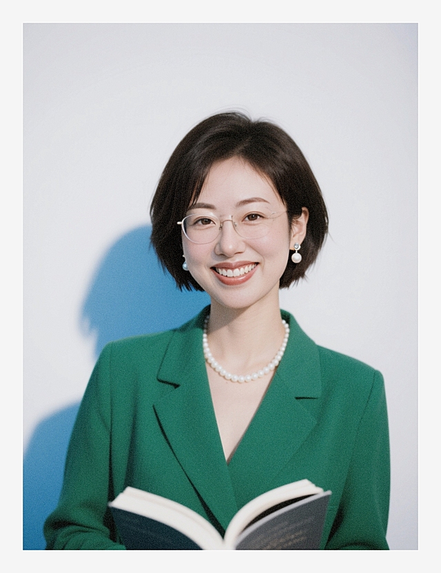 一个女生，蓝色背景，绿色西服，白色珍珠项链和耳饰，不戴眼镜，知性，是读书博主，正面，人完全正面，人开心微笑，不要仰头，要平时
