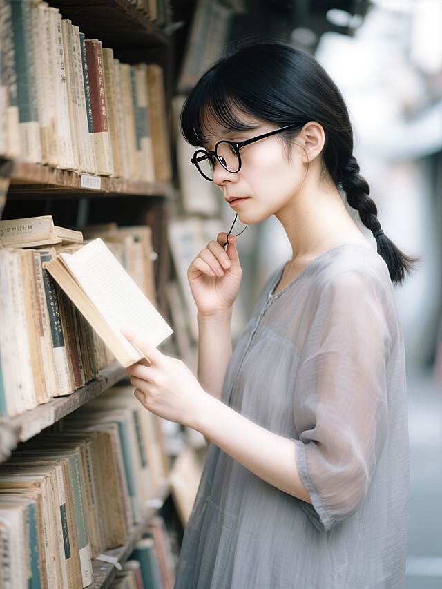 胶片质感的东亚街景书摊，女子静读旧书，复古文艺与轻拟物设计交织，营造出静谧而真实的阅读时光。