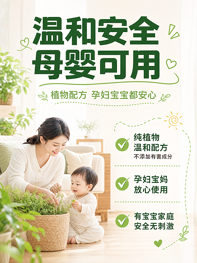 [主图-6] 安全适用人群卖点展示，主打母婴安全。[氛围风格] 温馨自然居家风，和整套主图保持统一配色和风格。[画质] 商业摄影质感、光线柔和通透、画面干净高级。[不展示产品主体]。[元素] 背景是温馨明亮的客厅，妈妈带着宝宝在绿植旁玩耍，画面整体温馨治愈。顶部大标题写着"温和安全 母婴可用"，副标题"植物配方 孕妇宝宝都安心"。右侧分卖点展示，每个卖点搭配对勾和丰富装饰元素，增加勾、虚线、线条、曲线、三角形、爱心装饰排版。[光影] 柔和明亮的室内自然光，温馨氛围，光影通透。[配色] 浅绿+白色+暖木色，延续整套主图配色，整体温馨清新。[文字版式] 主标题大字深绿色粗体，副标题浅绿色小字，每个卖点前添加绿色对勾，虚线分割不同卖点，增加曲线和三角形装饰元素。卖点文案：
✅ 纯植物温和配方 不添加有害成分
✅ 孕妇宝妈 放心使用
✅ 有宝宝家庭 安全无刺激
装饰元素丰富，文字清晰易读，排版层次分明。[比例分辨率] 3:4比例，4k分辨率，文字清晰可辨，超高清。[负向提示词] 变形，水印，文字错乱，产品图模糊，背景杂乱。