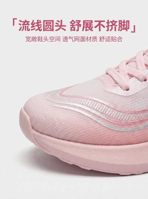 [商品详情图 7] 鞋头设计展示
[氛围风格] 细节特写商业风
[画面元素] 商业摄影质感，光线柔和，细节清晰。特写展示运动鞋圆头鞋头透气网面设计，保留原渐变色彩和线条纹理，背景纯色干净，突出鞋头轮廓预览效果
