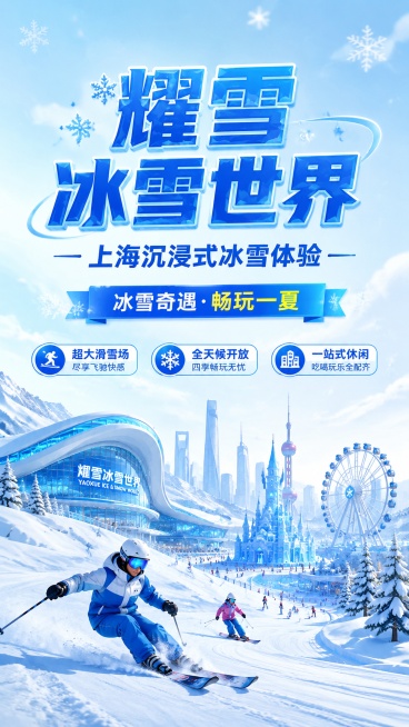 现代清新冰雪风上海耀雪冰雪世界宣传海报，主标题“耀雪冰雪世界”，副标题“上海沉浸式冰雪体验”，装饰文案“冰雪奇遇·畅玩一夏”，卖点标签“超大滑雪场”“全天候开放”“一站式休闲”，画面采用干净雪景背景，预览效果
