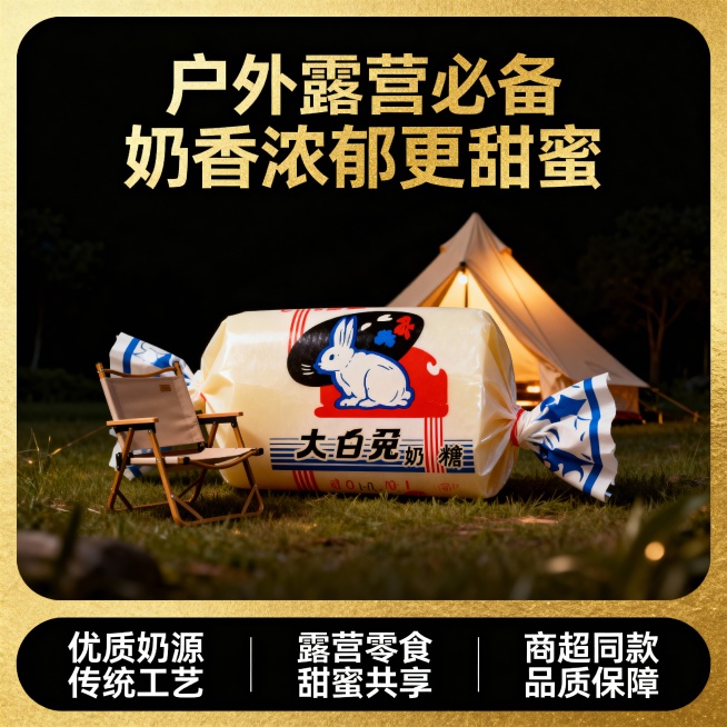 这张图片是产品主体这款产品是上海冠生园大白兔奶糖 我需要设计20张主图在拼多多上面售卖    主图场景布局可以用 等设计一个高级一些主图文案内容  甄选内蒙古黄金奶源带的优质鲜奶 奶香浓度比普通奶粉高预览效果
