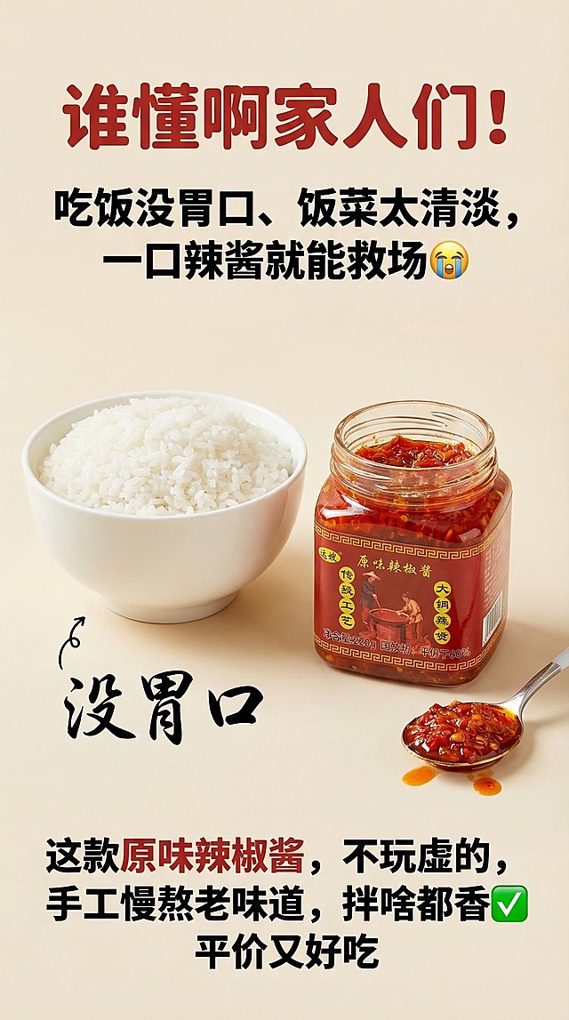 浅米色干净背景，左侧摆1碗寡淡白米饭，右侧摆1瓶打开的用户提供的远嫂原味辣椒酱（素材瓶），色泽鲜红，搭配“没胃口”手写艺术字，整体温馨有代入感。文案：顶部居中"谁懂啊家人们！"字体加粗，红色，活泼圆润；中间居中"吃饭没胃口、饭菜太清淡，一口辣酱就能救场😭"字体适中，黑色，加粗；底部居中"这款原味辣椒酱，不玩虚的，手工慢熬老味道，拌啥都香✅ 平价又好吃"字体加粗，红+黑搭配。整体排版紧凑，贴合拼多多接地气风格，字体大小：顶部>中间>底部