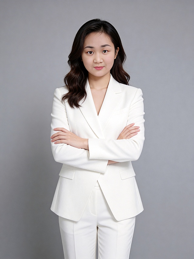参考第一张图保留人物脸型､年龄等特征生成职场形象照,参考第二张图的人物占位和比例,标准焦段50mm,f/4光圈(f/2.8-f/4区间),平视视角(镜头与人物视线齐平)眼神明亮温和､直视镜头;人物占画面70%,人物居中(居中构图),位于画面中心,为视觉聚焦点,入境范围头部及以下至臀部下方10cm(半身像);左右留少量背景空间;头部与画面顶部保留15%空间;头部发型完整,头肩比例协调;淡妆,肤质白皙细腻;冷调白皙,极淡裸粉哑光眼影打底,极细内眼线填充睫毛根部,大直径深棕色带细微高光点的自然款美瞳;边缘模糊无生硬轮廓;眼神澄澈,看向镜头唇妆:自然水光唇釉,唇形饱满､唇峰清晰､唇面透亮光泽;发型为韩式黑棕色及肩自然大波浪卷度的长发,采用3:7侧分造型,发量偏多一侧自然垂落至肩前,另一侧向后梳理保留顶部蓬松感,发丝柔软顺滑;身穿纯白色v领交叠式精纺羊毛混纺高级西装外套(修身,微哑光质感);七分袖设计(袖口长度到小臂中上部),衣身线条流畅利落;下装同色系白色西裤,呈正面自然站立姿态,双臂交叉抱于胸前,身体呈“松弛式挺拔”状态(脊柱自然延展,肩部自然下沉), 肢体自然,干练大气,自信从容,整体手势松弛且优雅感;动作幅度柔和,兼具“专业感”与“亲和力”,身姿挺拔有度,手腕放松,自然站立姿势;嘴角微微上扬,唇角自然浅笑(唇色自然粉嫩);画面整体干净清爽,自信从容｡中度灰色背景(光线呈现均匀柔和､干净通透质感),极简干净;32k画质超高分辨率､细节清晰,现代精致感风格;眼神直视镜头,目光坚定且澄澈,表情自然｡超高清分辨率,锐度+10,清晰呈现服装材质质感与发丝细节;去除人物之外所有配饰和元素;人物叠加清爽感滤镜(曝光+3,对比度+12,饱和度+15)｡肤质哑光细腻,面部雾面柔光,轻透裸肌感,真实毛孔纹理,去除人物之外的所有元素,严格按照第一张图内容生成｡