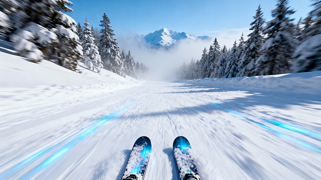 生成一张滑雪的第一视角图片色调以白色蓝色为主，要有速度感