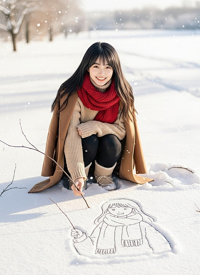画面主视觉是图示人物蹲在雪地上用树枝画自画像（画像为漫画风，上半身，无色彩，与人物变装后服饰一致），并与自画像合影，身着暖色调冬装，神情愉悦。周围散落雪花、脚印装饰。