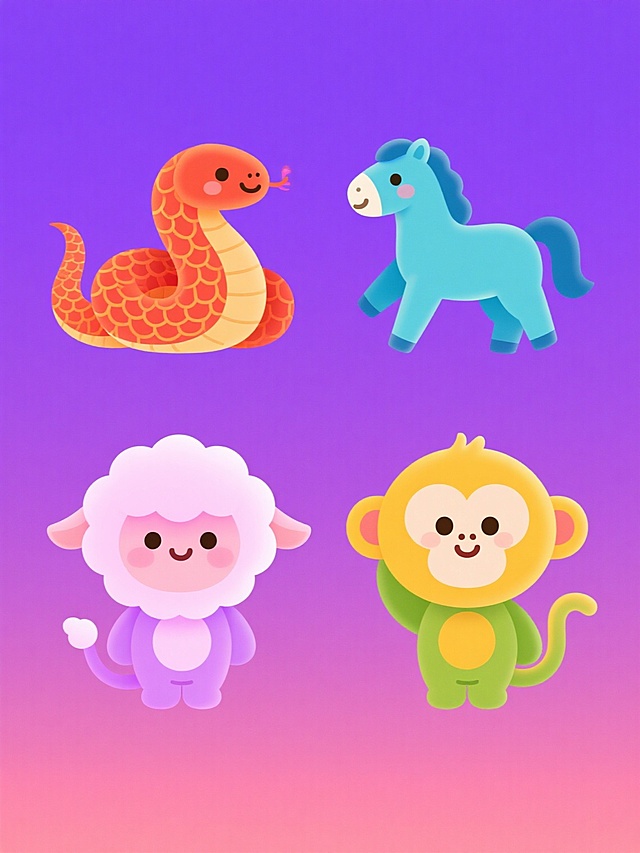 一套4个中国传统生肖动物的插画集合，每个生肖动物都采用相同的可爱卡通风格，具有圆润的造型、明亮的纯色背景、光滑的渐变色彩过渡、细腻的鳞片或毛发纹理细节、以及生动的面部表情，第一个为橙红色系的蛇，第二个为青蓝色系的马，第三个为粉紫色系的羊，第四个为黄绿色系的猴，四个元素规整排布在同一画面中，保持统一的构图比例和视觉风格。