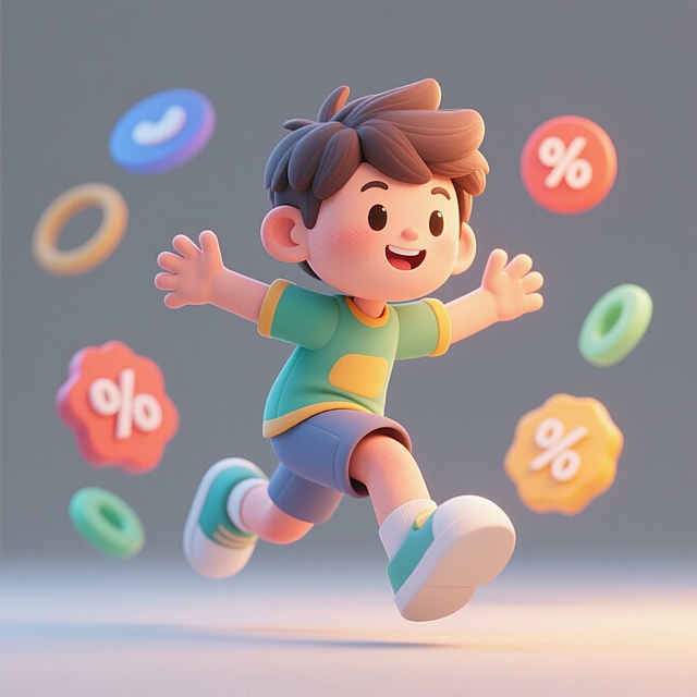 一个男孩张开双臂奔跑，折扣促销相关的装饰元素在周围，灰色背景