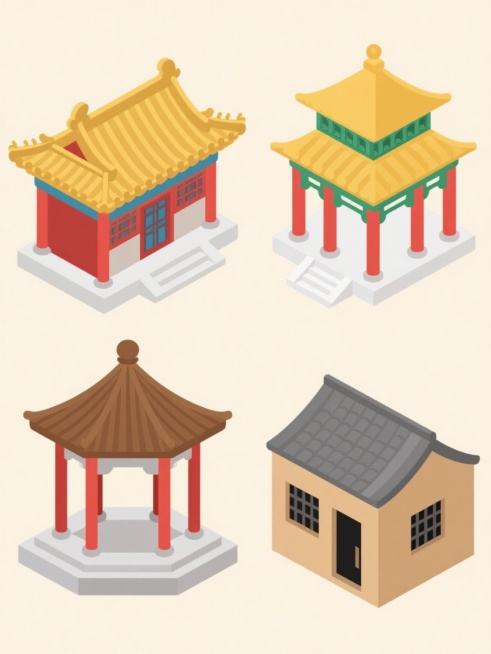 四个不同类型、不同形状的中国古建筑元素，采用扁平插画风格，上下两行整齐排列，浅色背景。第一行从左到右：单檐歇山顶古建，金色琉璃瓦，红色立柱与门窗，檐角有简单装饰；庑殿顶楼阁，黄色屋顶，绿色斗拱，白色台基。第二行从左到右：四角攒尖顶亭子，棕色瓦面，朱红色亭柱，六边形基座；硬山顶民居，灰色瓦片，土黄色墙体，黑色门窗框。所有建筑均线条简洁流畅，色彩明快，以红黄为主色调，搭配少量蓝绿点缀，整体风格统一……预览效果