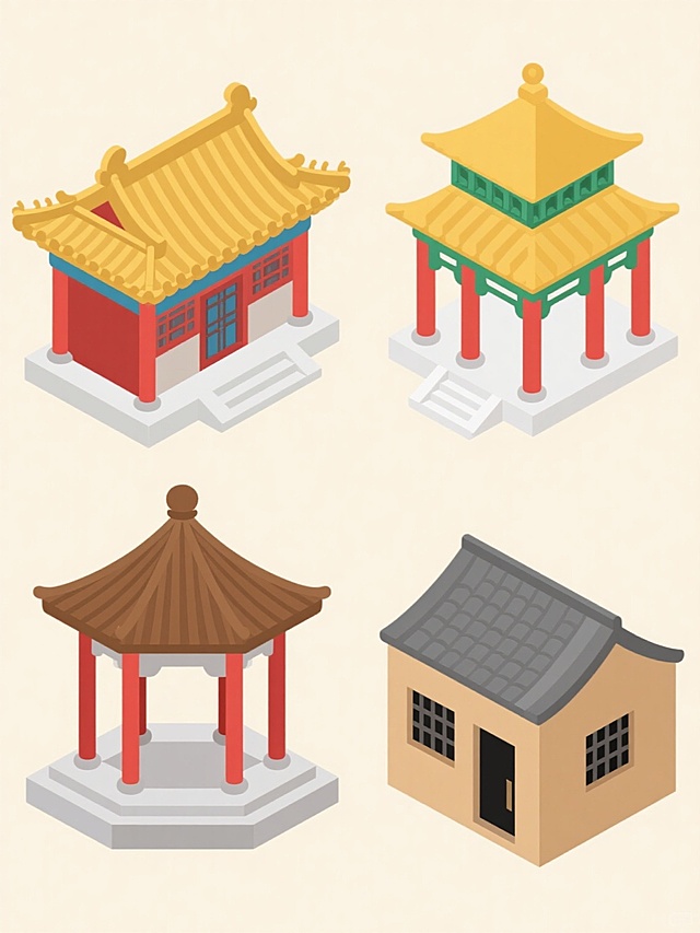 四个不同类型、不同形状的中国古建筑元素，采用扁平插画风格，上下两行整齐排列，浅色背景。第一行从左到右：单檐歇山顶古建，金色琉璃瓦，红色立柱与门窗，檐角有简单装饰；庑殿顶楼阁，黄色屋顶，绿色斗拱，白色台基。第二行从左到右：四角攒尖顶亭子，棕色瓦面，朱红色亭柱，六边形基座；硬山顶民居，灰色瓦片，土黄色墙体，黑色门窗框。所有建筑均线条简洁流畅，色彩明快，以红黄为主色调，搭配少量蓝绿点缀，整体风格统一，构图均衡。