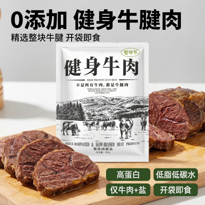 基于「图片1」，生成一套主图（5张），商品为健身牛肉，商品核心卖点是牛腱肉原料、高蛋白低脂低碳水、配料干净（仅牛肉 + 盐 + 香辛料）、开袋即食，氛围/风格是卖点直击风，用 “0 添加”+ 数据冲击预览效果