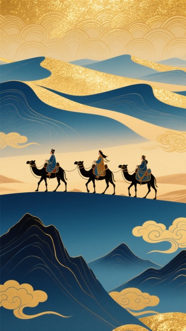 中国传统国风山水艺术风格，金色与青蓝色渐变为主色调，描绘沙漠驼队场景。背景是波浪状纹理的金色沙丘，点缀云纹图案，沙丘顶部覆盖金色闪光质感。前景为深蓝色与金色交织的山峦，有三位身着传统服饰的旅人骑在骆驼上，从左至右呈一字纵队行走。整体画面采用平面化设计，线条流畅圆润，具有浓厚的中国传统装饰画韵味，色彩和谐统一，营造出神秘而壮丽的西域风情。预览效果