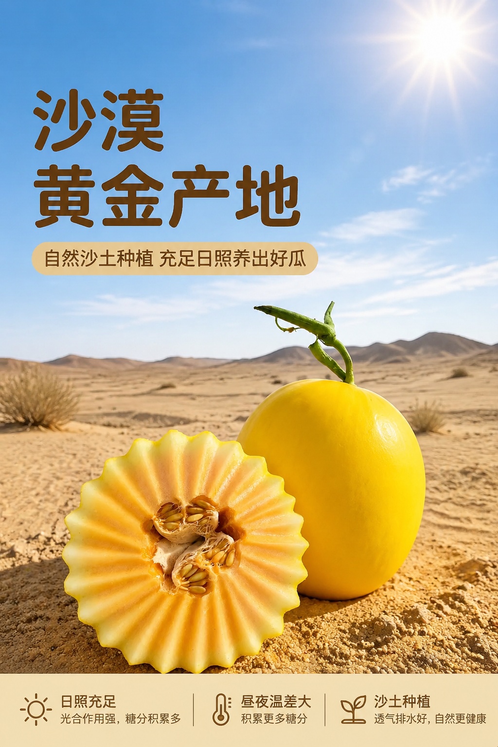 [第2屏] 民勤蜜瓜产地优势展示屏。本屏使用【图6】作为场景主… - 图片创意预览