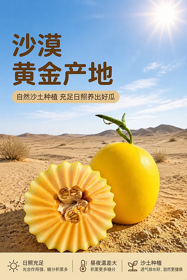 [第2屏] 民勤蜜瓜产地优势展示屏。本屏使用【图6】作为场景主体。
[氛围/风格] 自然原生态风格，晴朗户外氛围，突出沙漠产地日照充足优势。
[元素布局] 沙地蜜瓜占据画面主体，占比约65%，背景为开阔沙漠蓝天；放大展示沙漠环境特征，民勤蜜瓜完整外观和切开剖面同时呈现，突出产地天然优势。核心元素产地场景占屏超过60%，符合视觉要求。
[光影质感] 自然日光从上方照射，明亮通透，突出蜜瓜金黄外皮质感，阴影自然不生硬。
[配色色系] 全局底色 #F5F5DC；主色沙漠沙黄色、蜜瓜金黄色；辅助色天蓝色、深棕色文字。
[视角构图] 全景平视视角，蜜瓜置于画面中下区域，背景蓝天延伸至上半屏，阅读动线从上至下。
[文字版式] 标题采用圆角黑体，主标题「沙漠黄金产地」，副标题「自然沙土种植 充足日照养出好瓜」，左下标题，右下产品展示；底部补充卖点「昼夜温差大 积累更多糖分」，文字清晰排版规整，不遮挡主体场景。
[比例分辨率] 9:16 竖版比例，4K 分辨率，文字清晰可辨，高清画质。
[负向提示词] 产品变形，颜色偏差，文字错乱，背景杂乱，水印，文字过小。