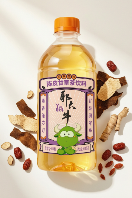 参考第一张图的电商饮品海报风格，保留产品本身的比例、标签文字和产品元素不变，生成带有相应食材元素的饮品海报，干净简约浅色背景，产品主体展示清晰，光影高级预览效果