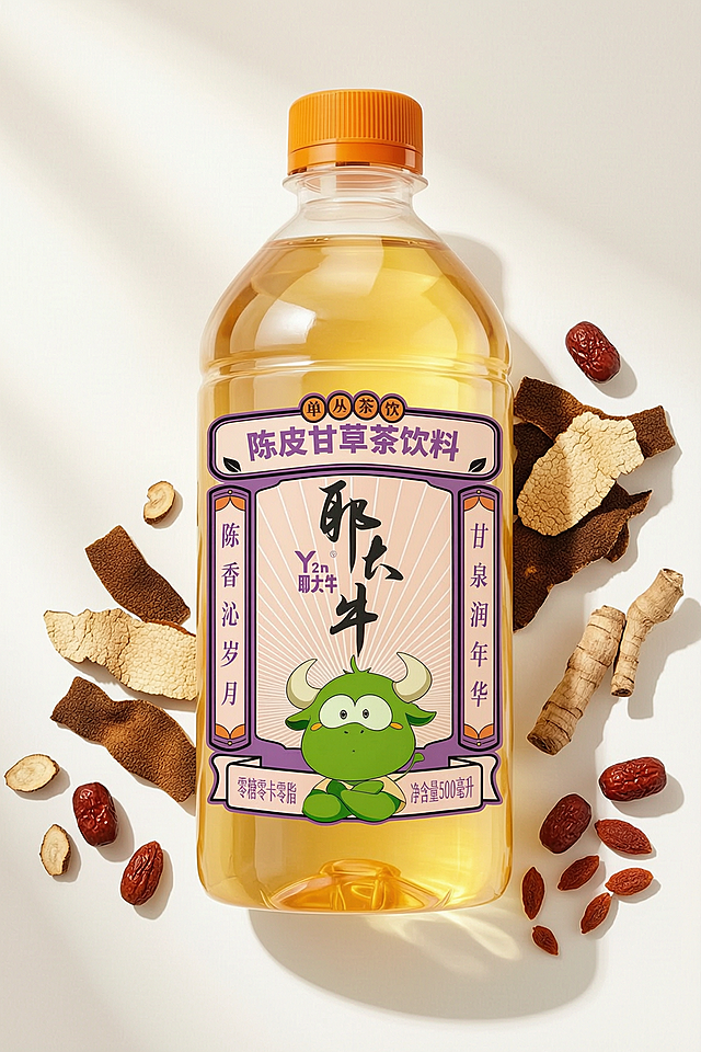 参考第一张图的电商饮品海报风格，保留产品本身的比例、标签文字和产品元素不变，生成带有相应食材元素的饮品海报，干净简约浅色背景，产品主体展示清晰，光影高级