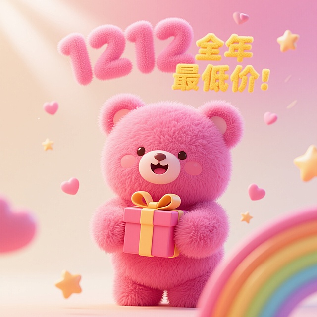 软3D风格粉色毛绒小熊手持礼盒，搭配彩虹与星星元素，营造甜蜜可爱氛围，突出1212促销主题，传递温馨趣味的节日感。