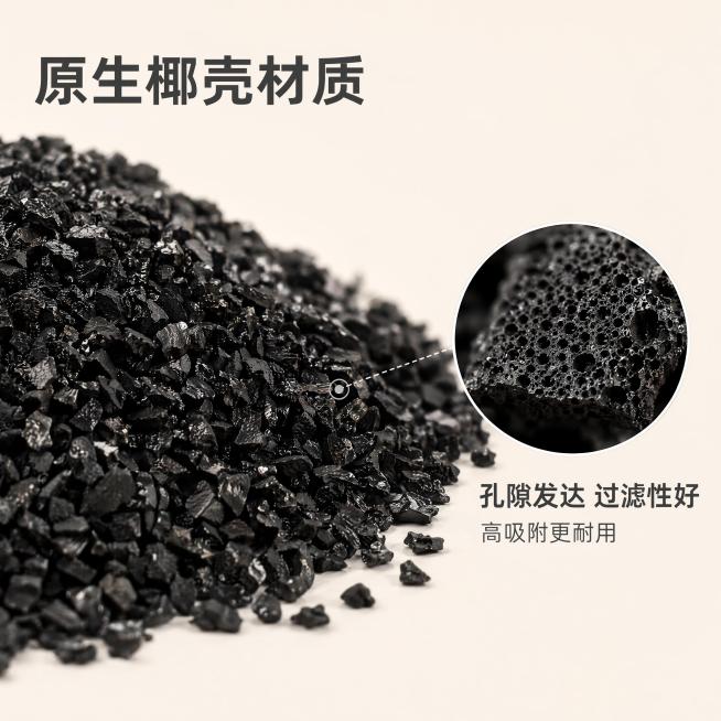 [主图-3] 椰壳活性炭材质细节放大展示图。
[氛围风格] 小清新，真实质感，清晰干净
[画质] 商业摄影质感，微距清晰拍摄，细节丰富，画面干净高级
[元素] 微距放大展示椰壳活性炭颗粒表面和截面，突预览效果