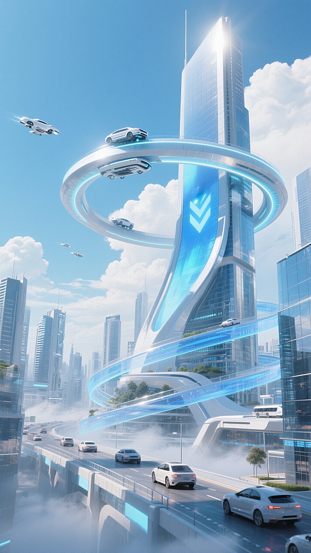 未来科技都市，以巨型符号化建筑为核心地标。核心建筑由环形与曲线体交织：环形结构环抱天际，表面嵌蓝白渐变发光带，环身搭载悬浮车辆；曲线体侧部嵌入巨型蓝调发光屏幕。城市布局：多层立体光轨如透明蓝带交错，车流穿梭其间；周围错落几何造型建筑，融合玻璃与金属质感，高低参差。环境设定：晴朗蓝天呈浅蓝到白渐变，点缀蓬松云朵；空中散布银白小型飞行器，呈动态飞行姿态。光影以侧上方强光塑造，强化建筑金属亮部、玻璃折射光，阴影柔和，底部轻雾烘托空间层次。，整体风格清新明亮，借符号建筑、光轨车流、空中元素，构建先锋未来感，摒弃暗沉，凸显科技通透氛围 。