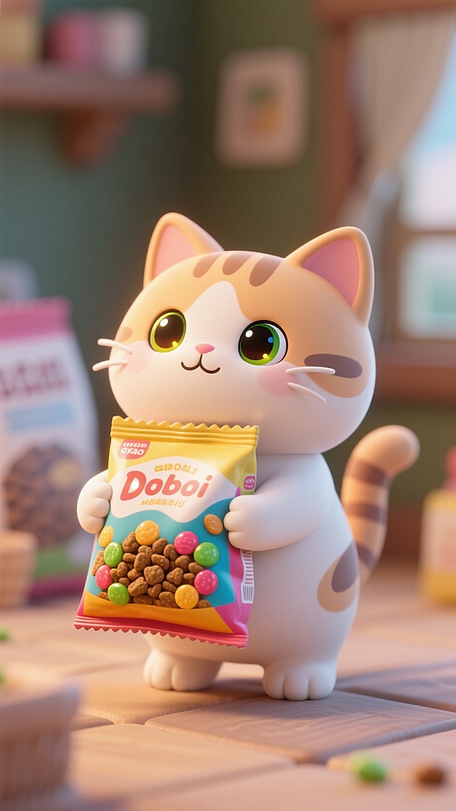 头身比1:1的小猫抱着猫粮眼睛闪亮四处张望