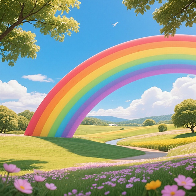 梦幻彩虹横跨清新田园，插画风虚拟自然，色彩斑斓，生机盎然。