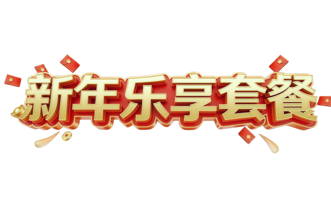 参照参考图样式，将参考图中的文字替换为“新年乐享套餐”并排版在一行，保持画面完整，画面比例为横版5：3，不要对画面进行裁切预览效果