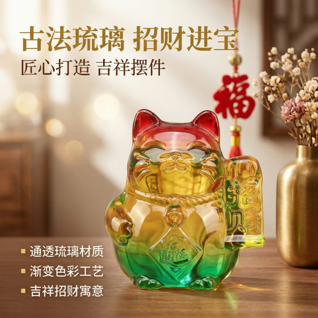 彩色招财猫水晶摆件主图1，中式喜庆风格，暖调自然光，光影通透。招财猫居中摆放，主体占比60%，背景为新中式玄关桌面，搭配红色福字挂饰、金色干花点缀，光斑柔和洒在摆件上，背景铺满全屏无边框。配色主色调：预览效果