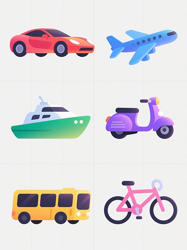 一组6个不同交通工具的系列插画，采用统一的现代卡通风格，具有光滑圆润的造型、简洁流畅的线条和渐变过渡的色彩处理，每个交通工具均有独特的主色调（如红色跑车、蓝色飞机、绿色游艇、紫色摩托车、黄色公交车、粉色自行车），高光和阴影的位置保持一致以营造立体感，所有元素以规整的网格布局排列在纯色背景上，整体画面干净明快，细节刻画精致，保持视觉上的统一性和系列感。