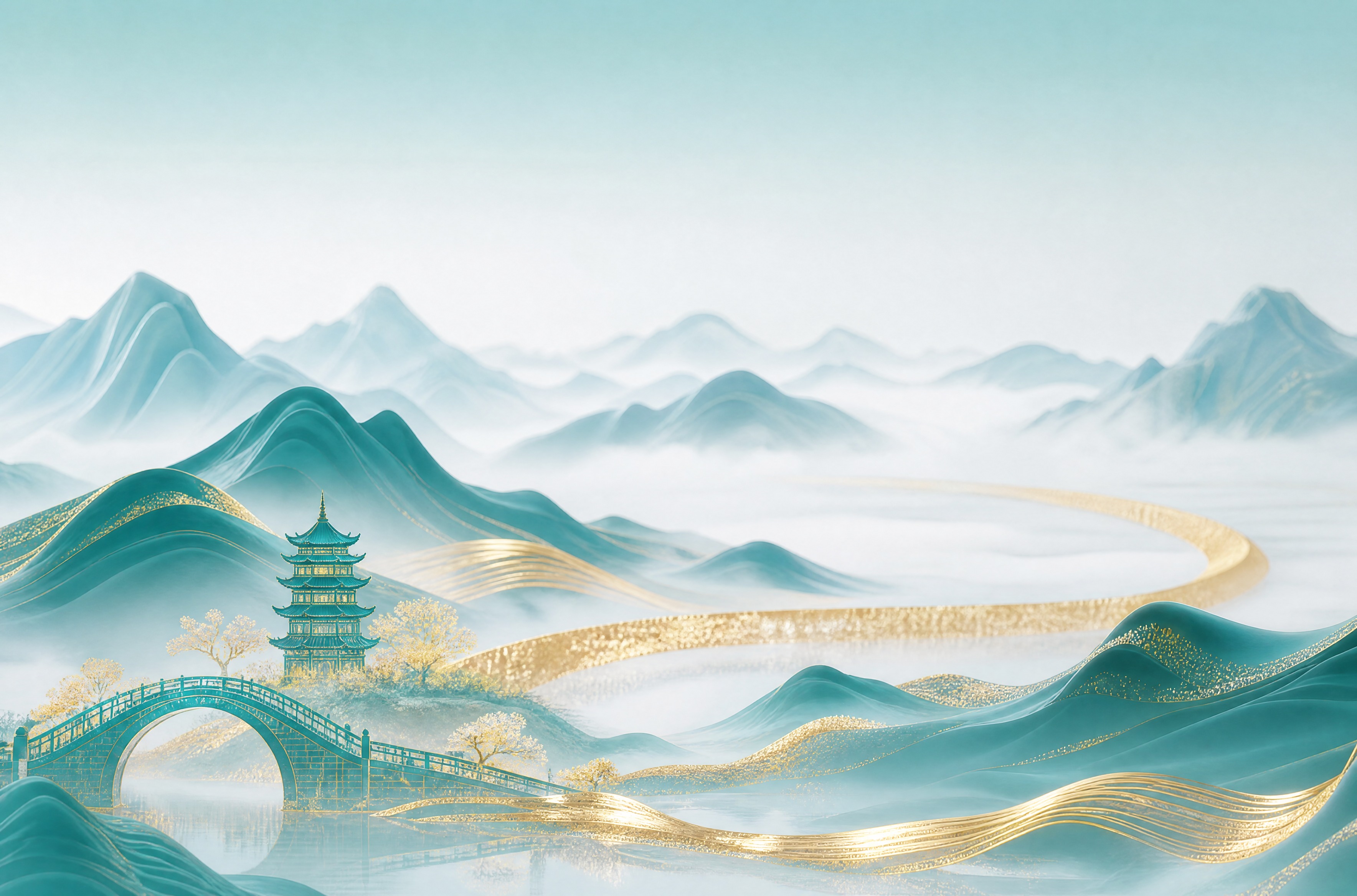 参考图的整体风格与构图，保留青绿色国潮山水背景、金色飘带、远山… - 图片创意预览
