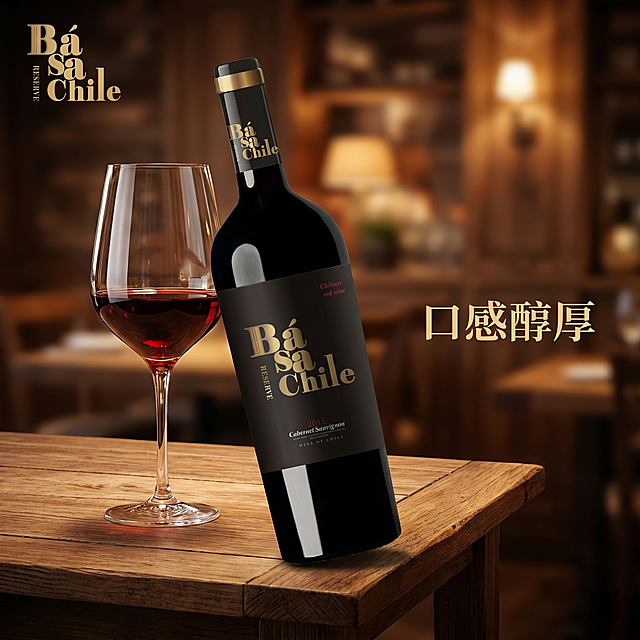 [主图-4] 红酒饮用场景体验图。
[氛围风格] 优雅生活氛围感，品质享受；
[画质] 商业摄影质感、光线柔和通透、产品清晰真实、画面干净高级。
[元素] 产品红酒瓶斜放在实木餐桌一角，保持产品外观、颜色、标签文字与原图一致，无变形色差。旁边搭配一只盛有红酒的郁金香型高脚杯，杯中红酒酒液透亮挂杯清晰，背景虚化的温馨西餐厅环境。整体构图自然，商品主体占比约70%，画面满屏无边框。
[光影] 暖调餐厅光影，主光照亮酒瓶和杯中的酒液，氛围感温馨柔和，光影层次丰富。
[配色] 主色调木质暖棕+产品黑金，自然温馨高级。
[视角构图] 生活化斜角构图，景深中等，氛围感突出。
[文字版式] 左上角放置品牌Logo，右侧负空间浅金色文字标注"口感醇厚"，自然点缀不遮挡主体。
[比例分辨率] 1:1比例，2K分辨率；文字清晰可辨，超高清。
[负向提示词] 变形，水印，文字错乱，产品图模糊，背景杂乱，遮挡主体，配色刺眼