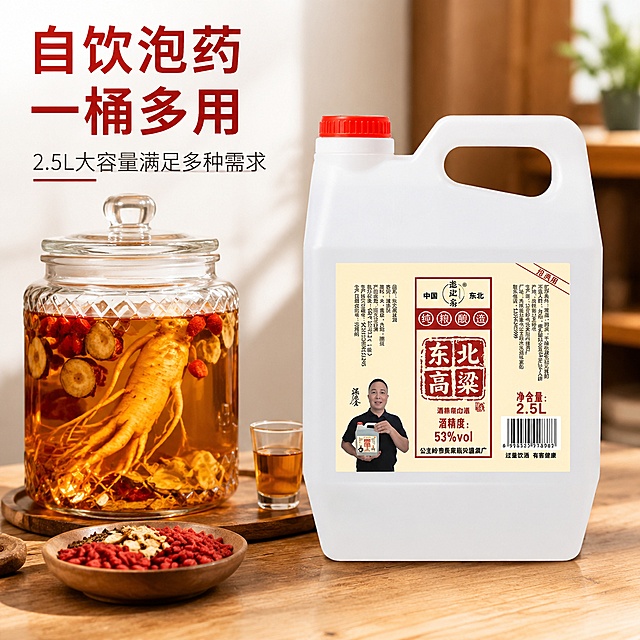 [主图1-产品应用] 东北高粱白酒日常泡药酒应用场景展示，聚焦产品实用功能。
[氛围风格] 真实生活化场景，突出产品多用途属性。
[画质] 高清纪实商业摄影，真实自然质感。
[元素] 保持原2.5L桶装白酒外观、标签文字、颜色结构与用户上传产品图完全一致，不得变形色差。产品放置在画面右侧，左侧展示玻璃泡酒瓶中已经泡好的药酒和人参、枸杞等泡酒材料，直观展示泡酒用法，保持瓶身标签完整清晰。商品主体占比约55%，背景为干净木质桌面。
[光影] 室内柔和自然光，整体明亮通透，物体有自然柔和阴影，质感真实。
[配色] 原木暖色调为主，产品红色标签自然突出，整体温馨生活化。
[构图] 左场景右产品经典左文右图式结构，分区清晰，产品完整不裁切。
[文字版式] 左上主标题大字："自饮泡药 一桶多用"，红色粗体醒目，下方小字标注"2.5L大容量满足多种需求"，文字不遮挡产品主体。
[输出要求] 1:1比例，2048×2048像素，分辨率2K，文字清晰可辨，超高清商业摄影质感。
[负向提示词] 变形，文字错乱，产品模糊，背景杂乱，水印，电商平台Logo，遮挡主体，错字，颜色失真