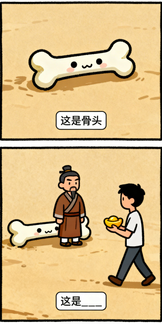 手绘搞笑纵向双格漫画，上半格：Q版可爱的骨头，极简背景，底部文字框写“这是骨头”；下半格：骨头旁边站着一个古代人，对面走来一个拿着金子的现代人，底部文字框写“这是____”，线条清晰，色彩鲜明预览效果